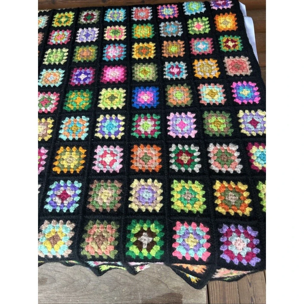 Vtg 1970s Heavy Granny Square Afghan Blanket 56x76 Black Border Retro Throw